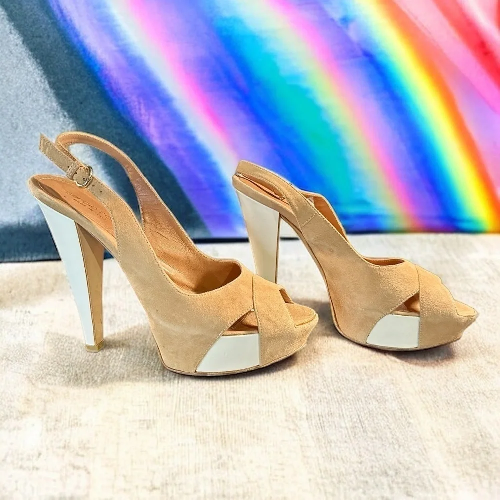 Sergio Rossi ‘Agathe’ Tan Suede & White Patent Peep Toe Slingback Heels Size 7.5